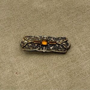 Vintage Mosaic brooch with Gold and orange glass